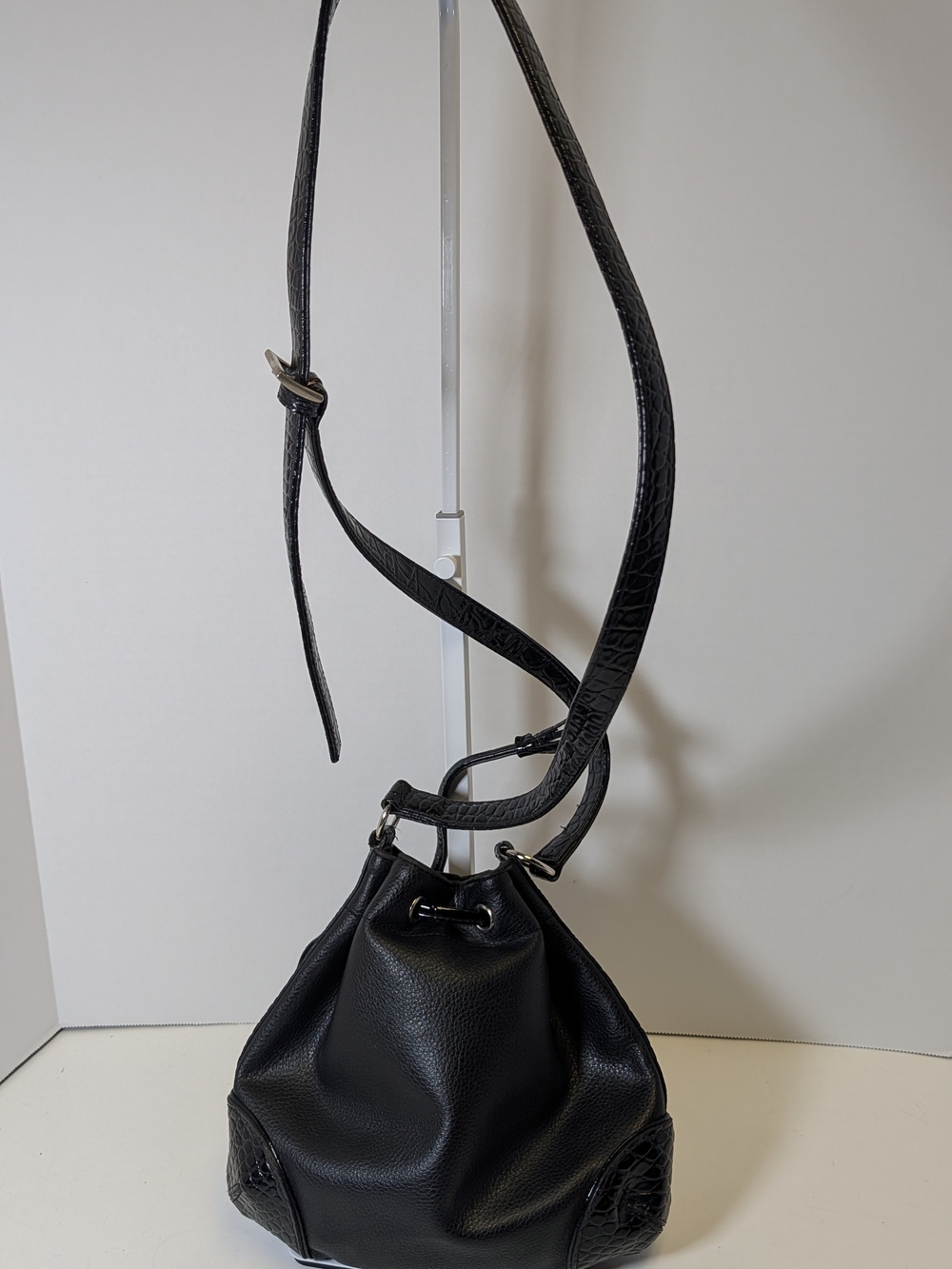 Liz Claiborne Black Pebble Leather Drawstring Shoulder Bag
